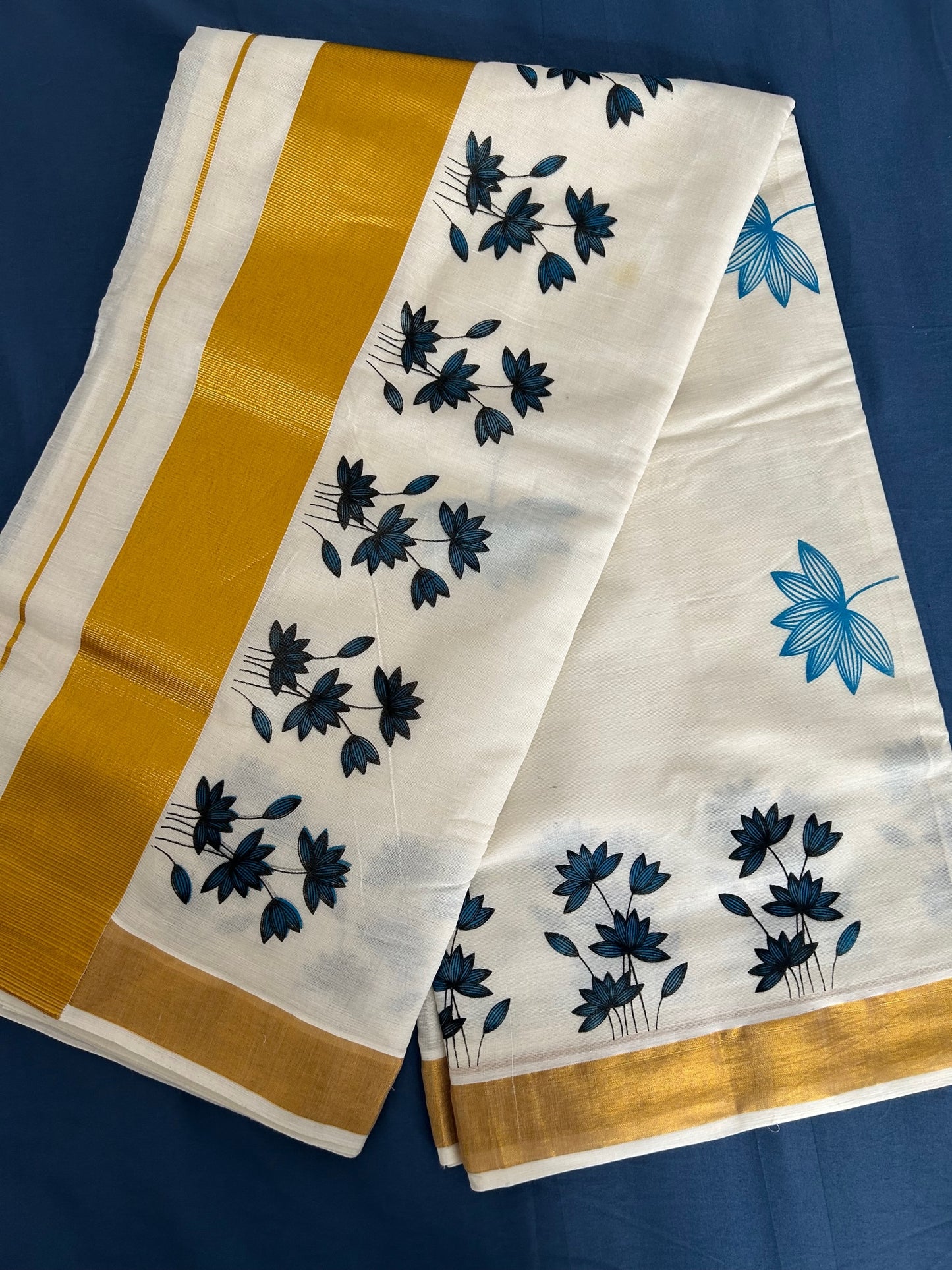 Indigo Blue Floral printed Cotton Saree