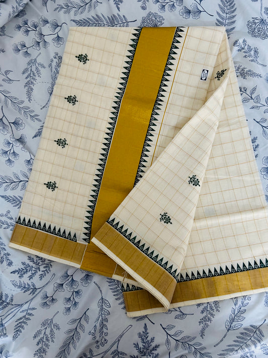 Golden checkered with green print keralacotton saree