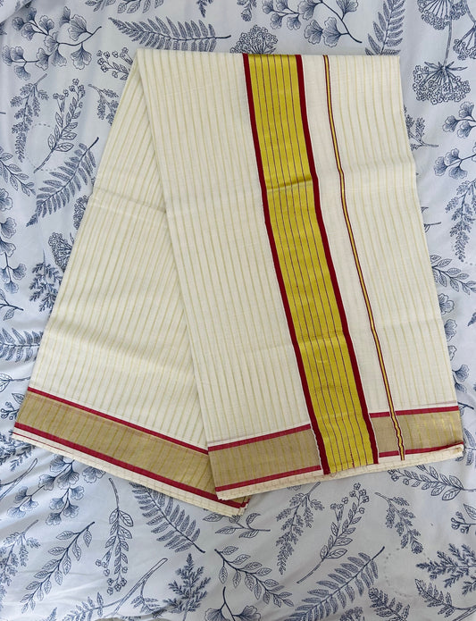 Kerala cotton saree with vertical golden stripes & maroon border