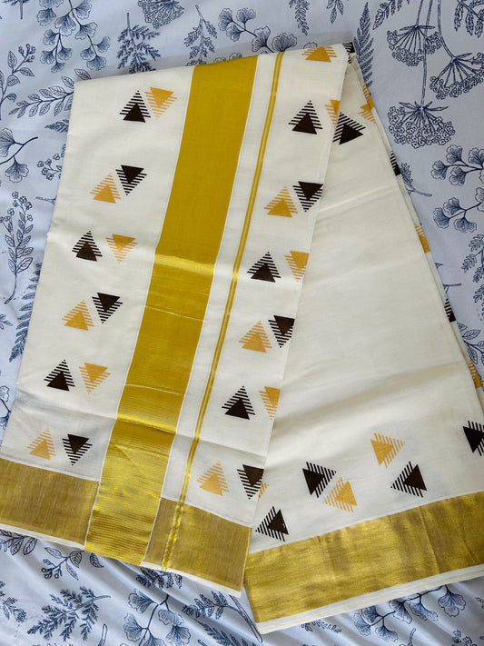 Black Geometric printed & Embroidered Kerala Cotton Saree