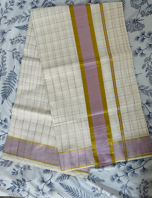Kerala cotton saree with rose gold checkered design & border