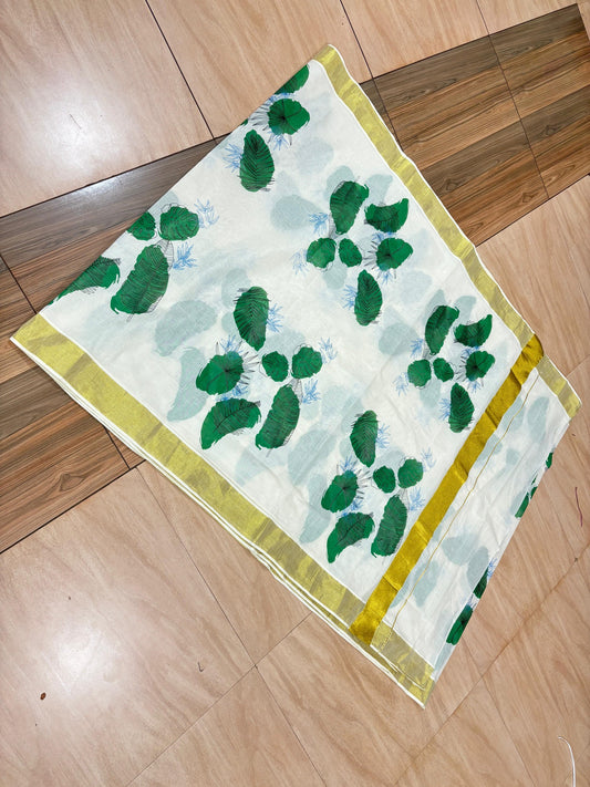 Green leaf printed Cotton saree