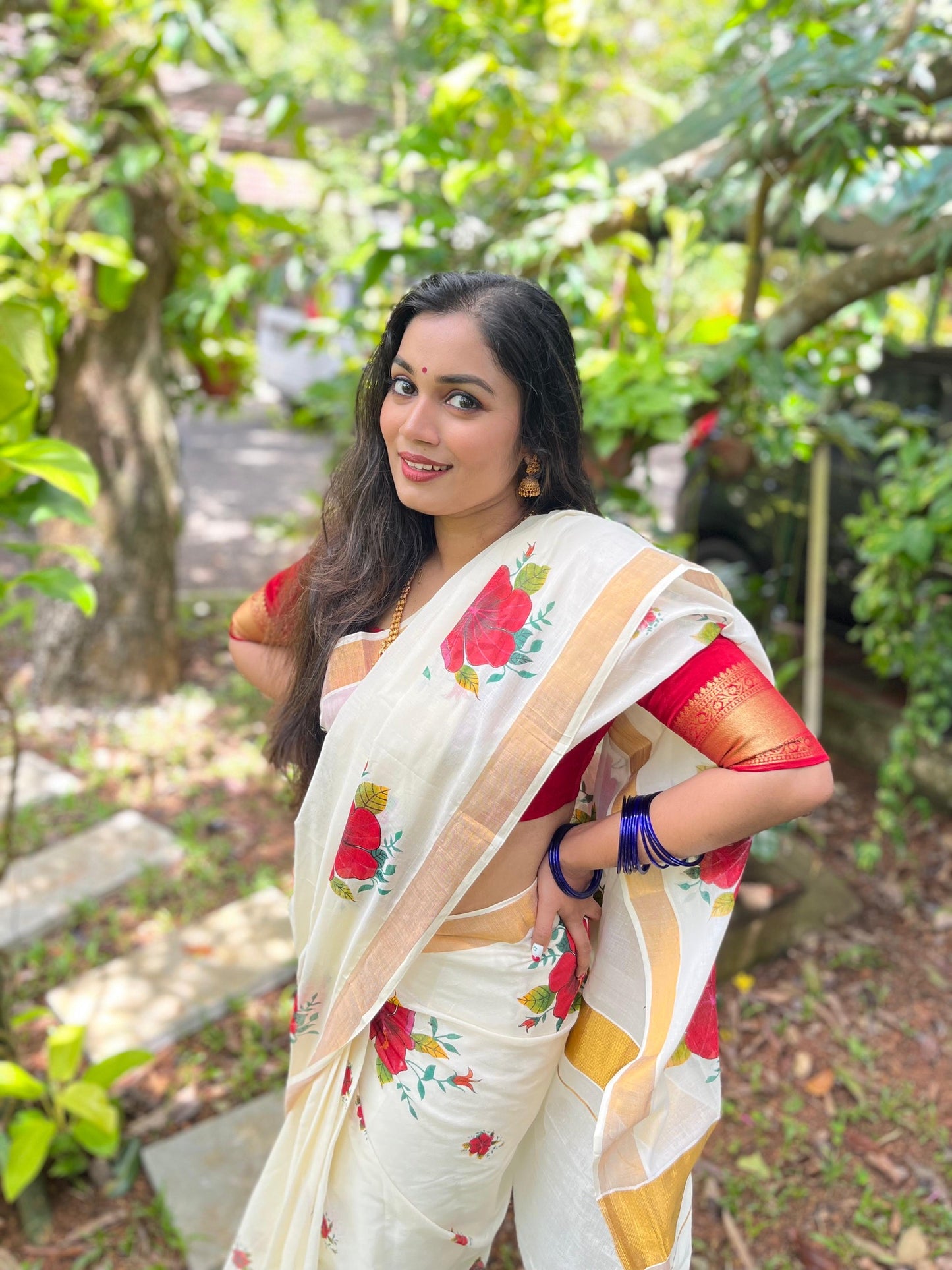 Hibiscus Printed Kerala cotton saree