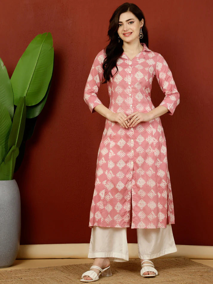 Pink White Cotton Geometric Printed Kurti Top (Top Only)