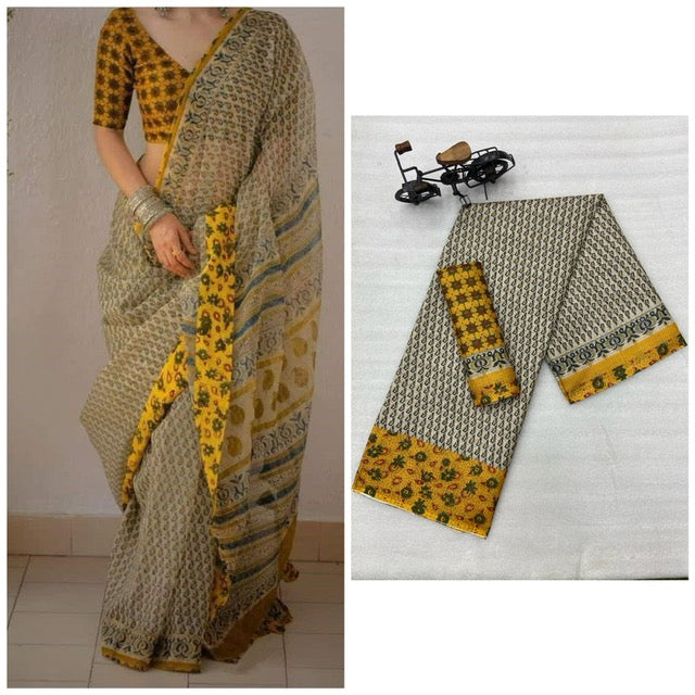 Yellow & teal blue digital printed Kota Doria Saree