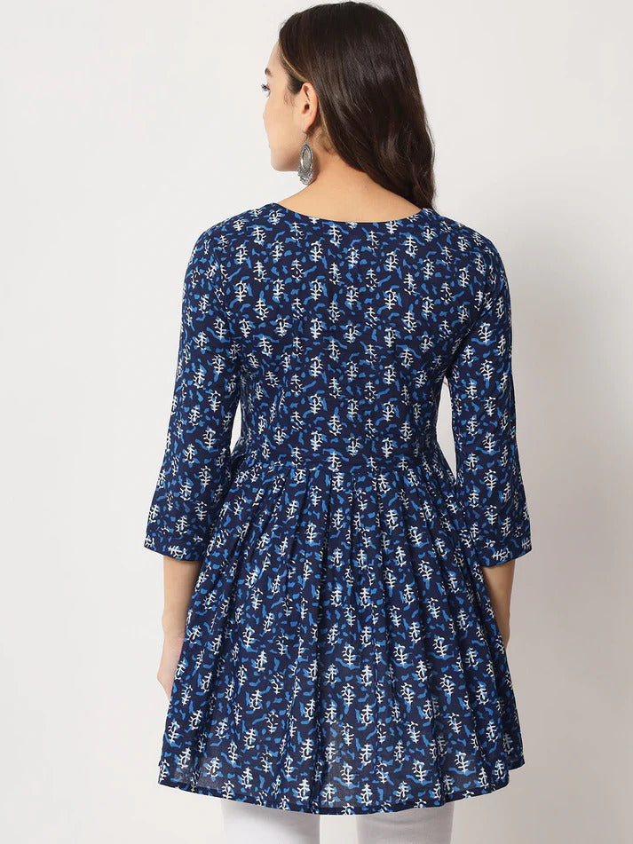Blue & White Printed Cotton Short Kurti Top