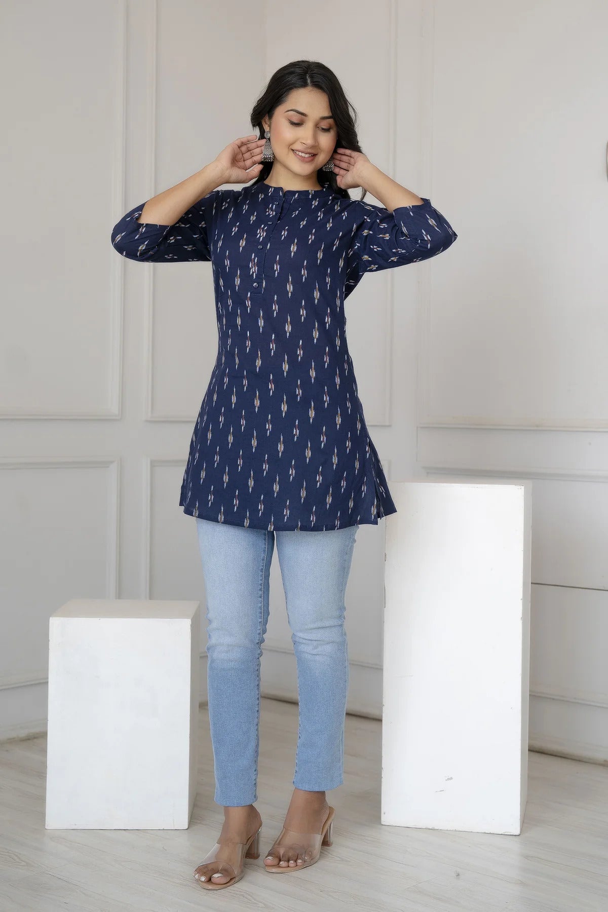 Pure Cotton Navy Blue Block Printed Short Kurti