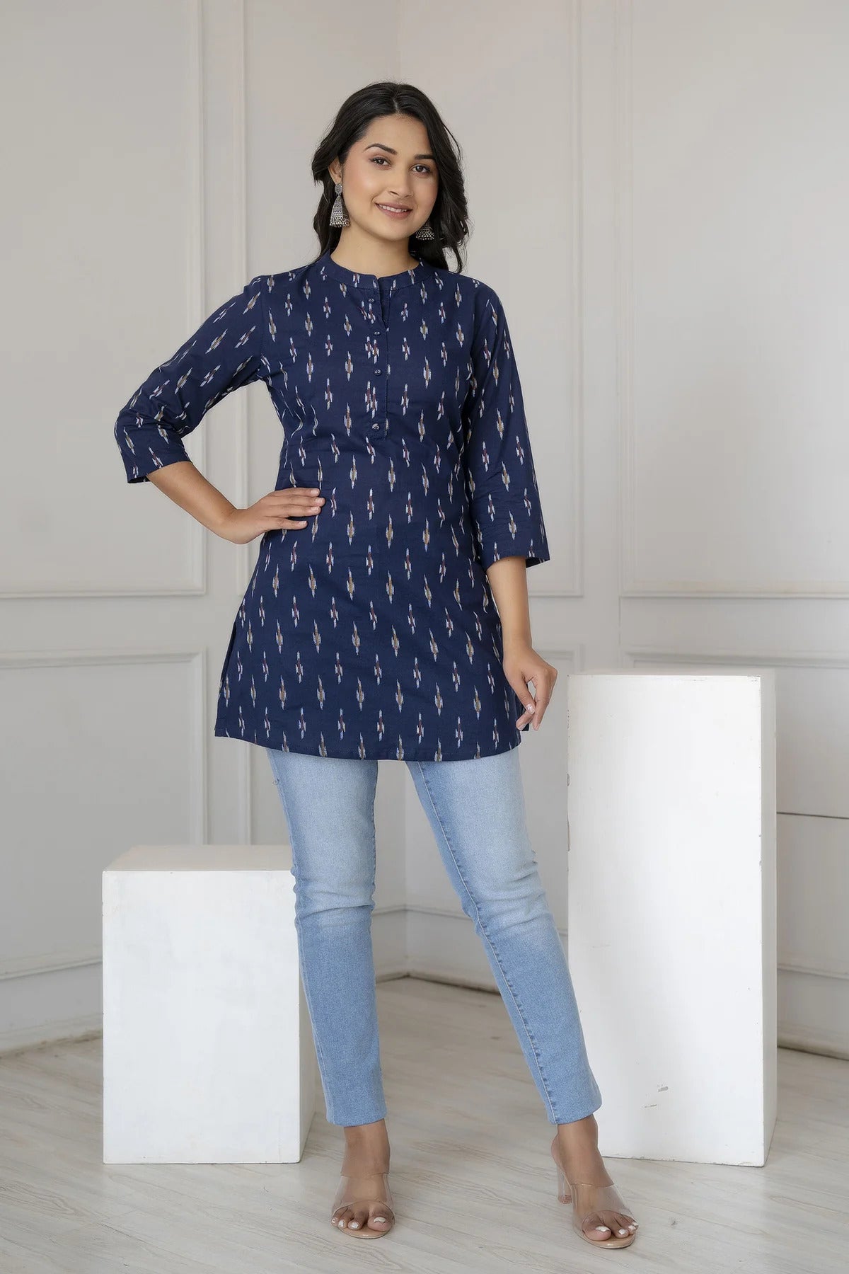 Pure Cotton Navy Blue Block Printed Short Kurti