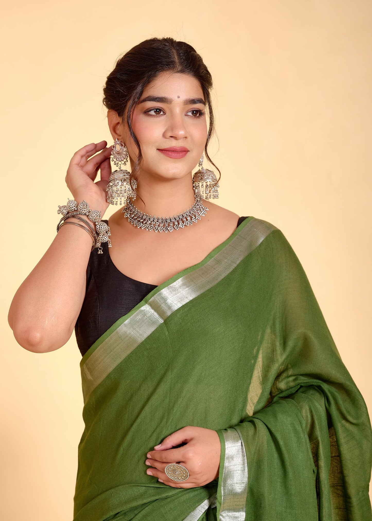 Mehandi Green Linen Saree with Silver Border