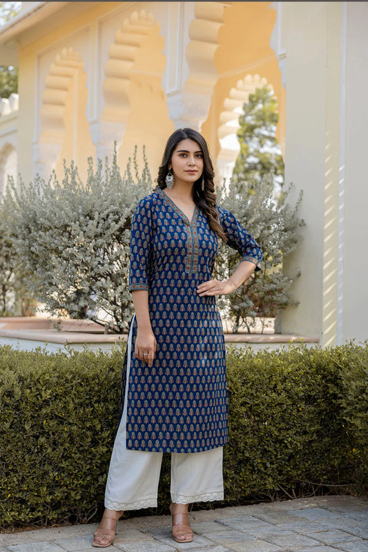 Jaipuri Cotton Ethnic Printed Navy Kurti Top (Top Only)