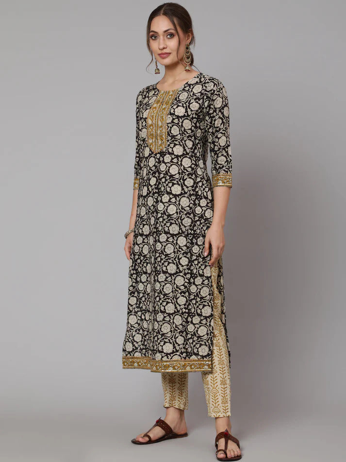 Black Beige Kalamkari Printed Pure Jaipuri Cotton Kurti Palazzo Set with Dupatta