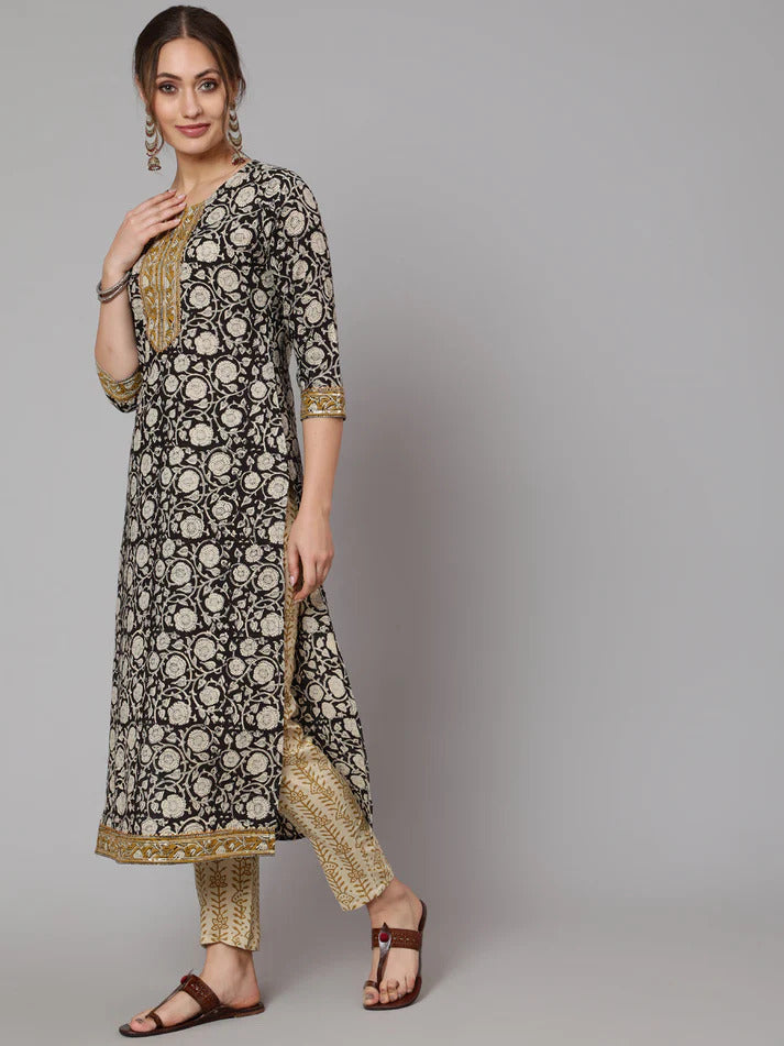 Black Beige Kalamkari Printed Pure Jaipuri Cotton Kurti Palazzo Set with Dupatta