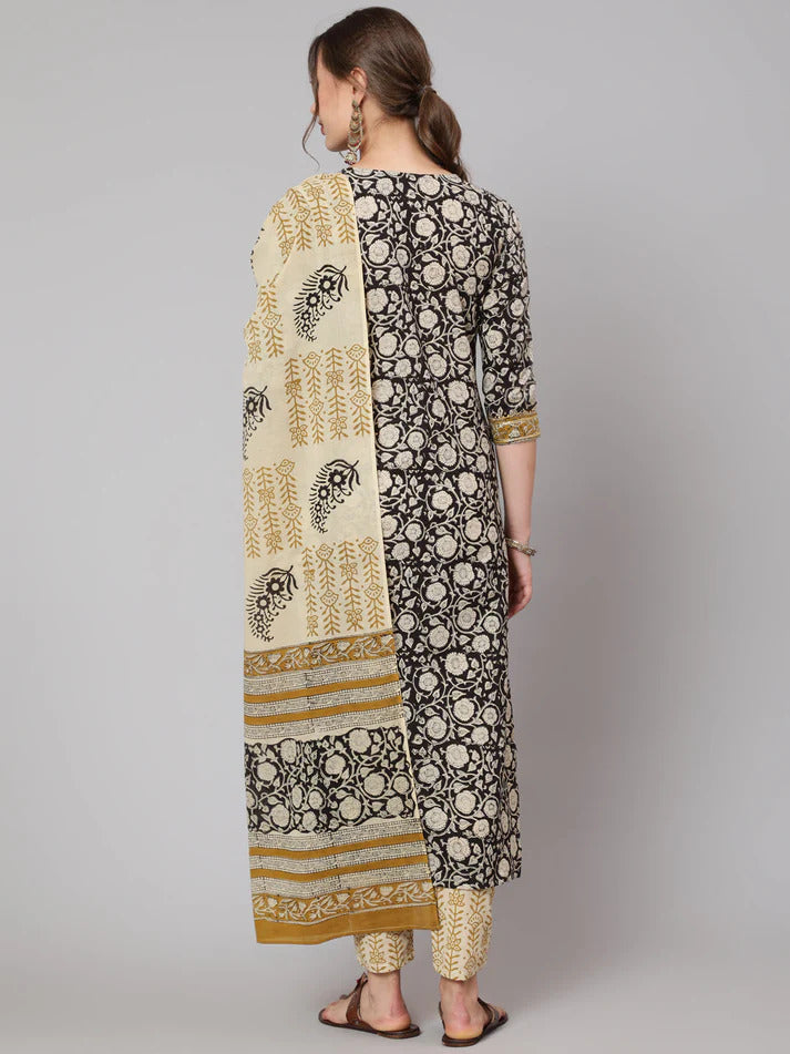 Black Beige Kalamkari Printed Pure Jaipuri Cotton Kurti Palazzo Set with Dupatta