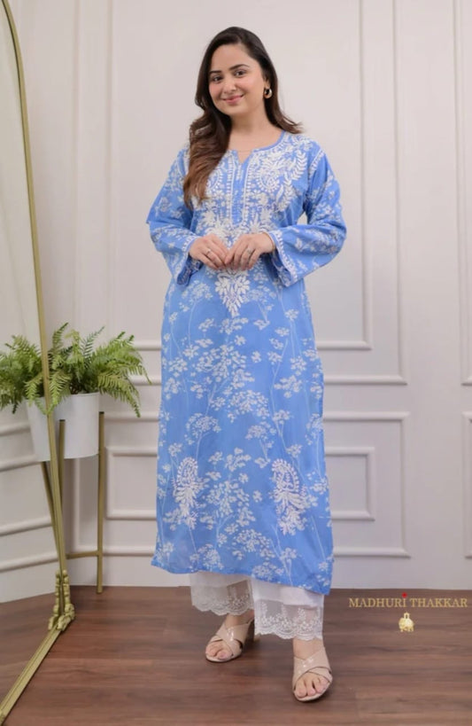 Blue & White Chikankari Kurti Palazzo Set