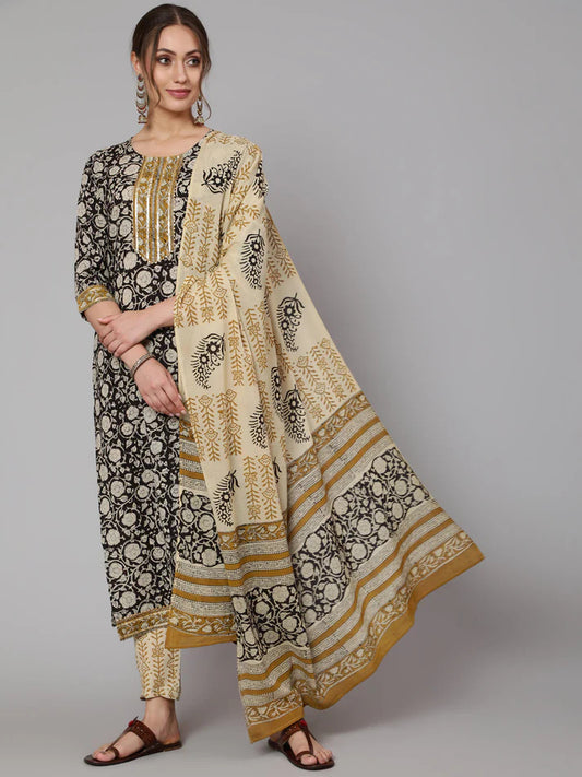 Black Beige Kalamkari Printed Pure Jaipuri Cotton Kurti Palazzo Set with Dupatta