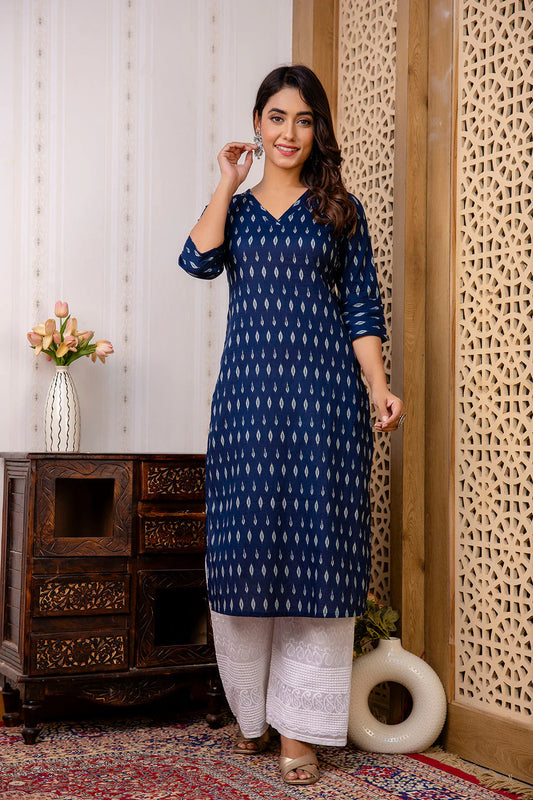 Navy Blue Grey Soft Cotton  Printed Kurti Top (Top Only)