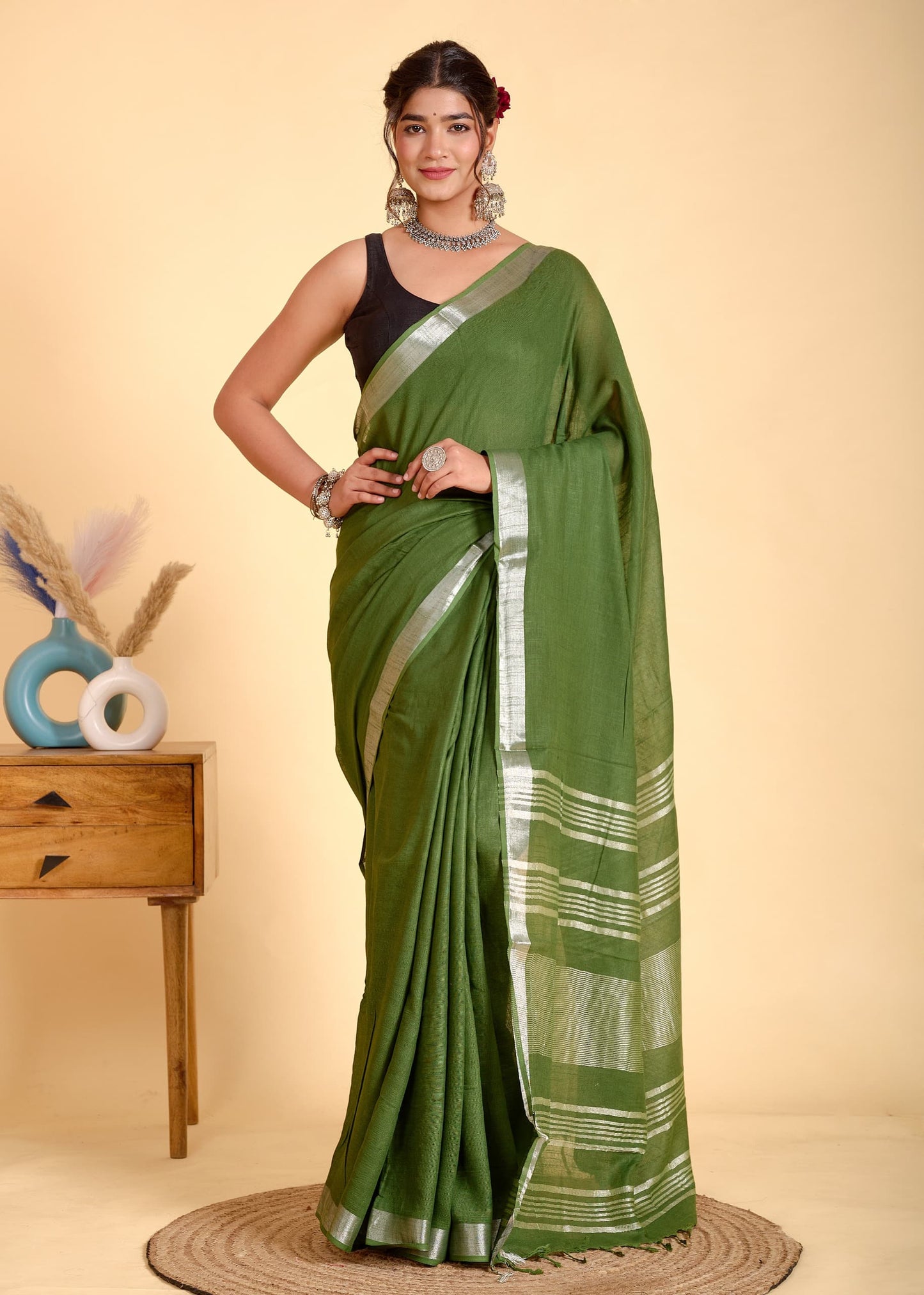 Mehandi Green Linen Saree with Silver Border