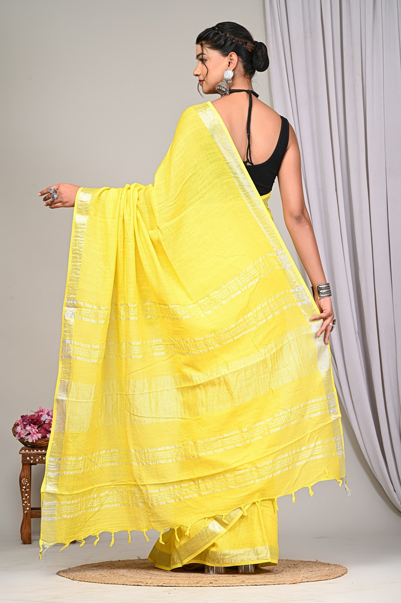 Lemon Yellow Pure Linen Saree with Silver Border