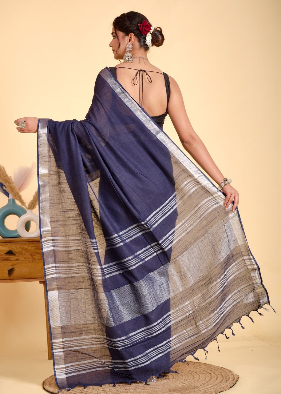 Navy Blue Pure Linen Saree with Silver Border