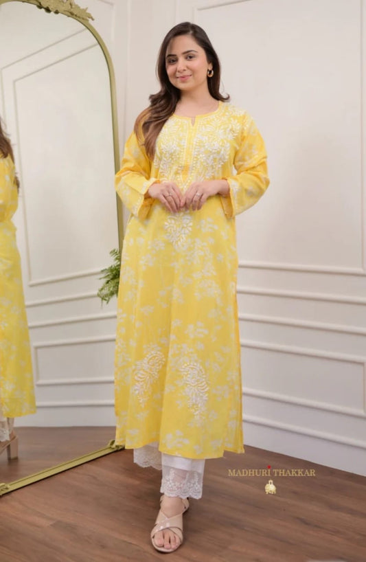 Yellow & White Chikankari Kurti Palazzo Set