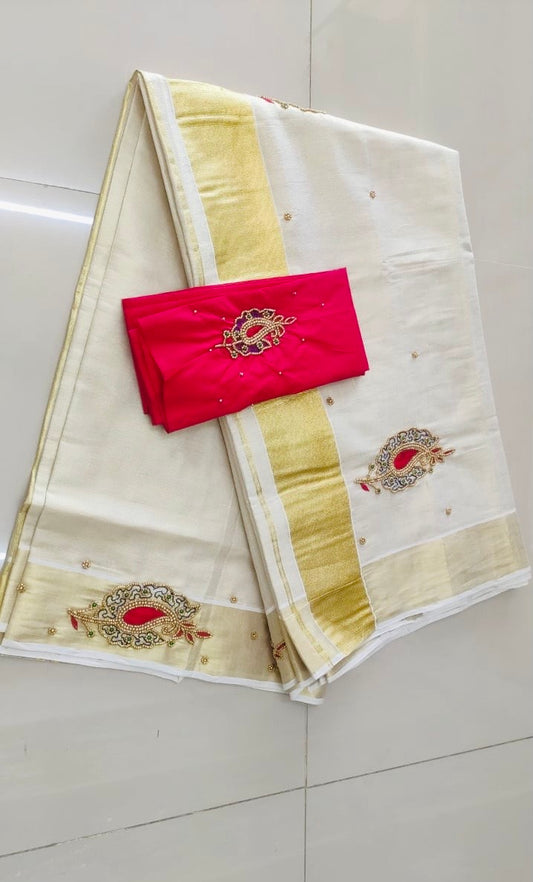 Golden tissue with bead work & Zari border