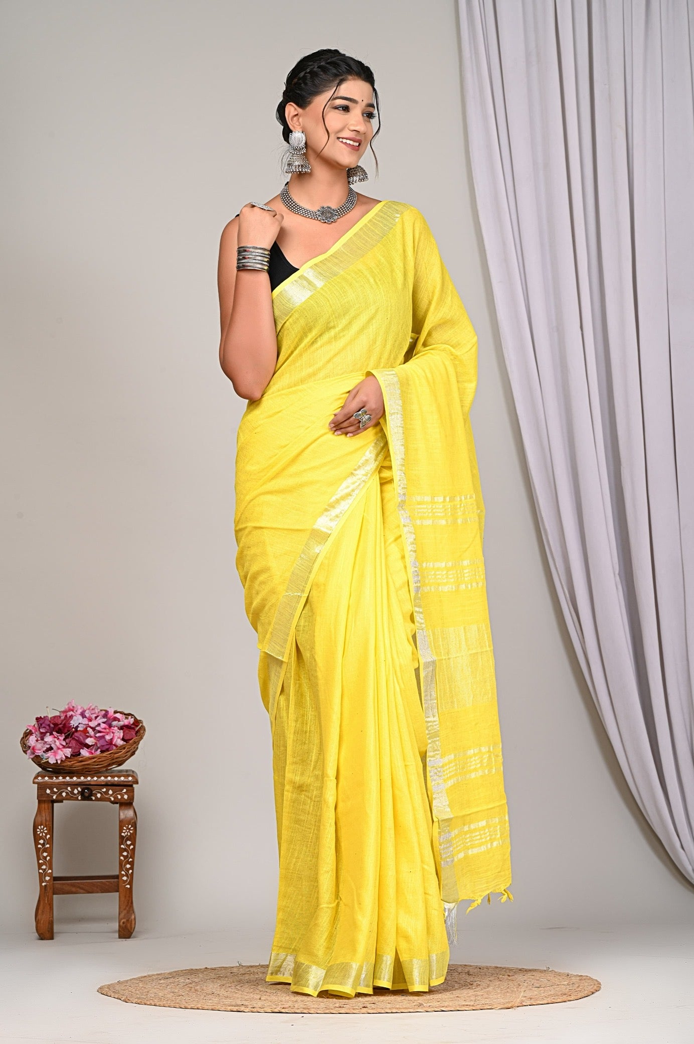 Lemon Yellow Pure Linen Saree with Silver Border