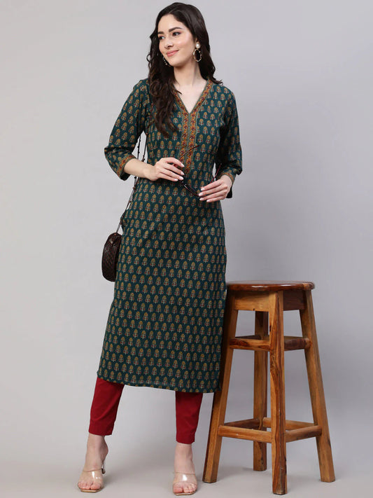 Jaipuri Cotton Ethnic Printed Green Kurti Top (Top Only)