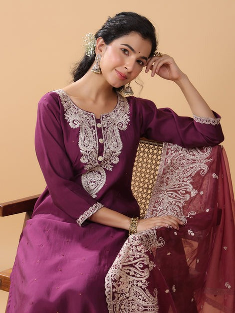 Wine Embroidered Silk Kurti Palazzo Set with Dupatta