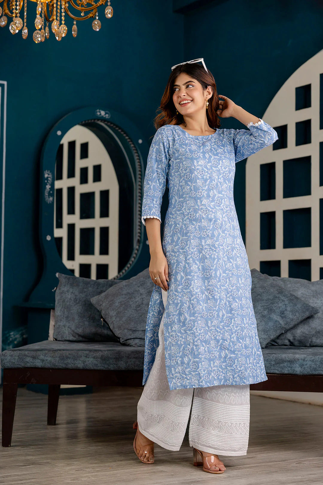 Light Blue Kantha Cotton Floral Printed Kurti Top (Top Only)