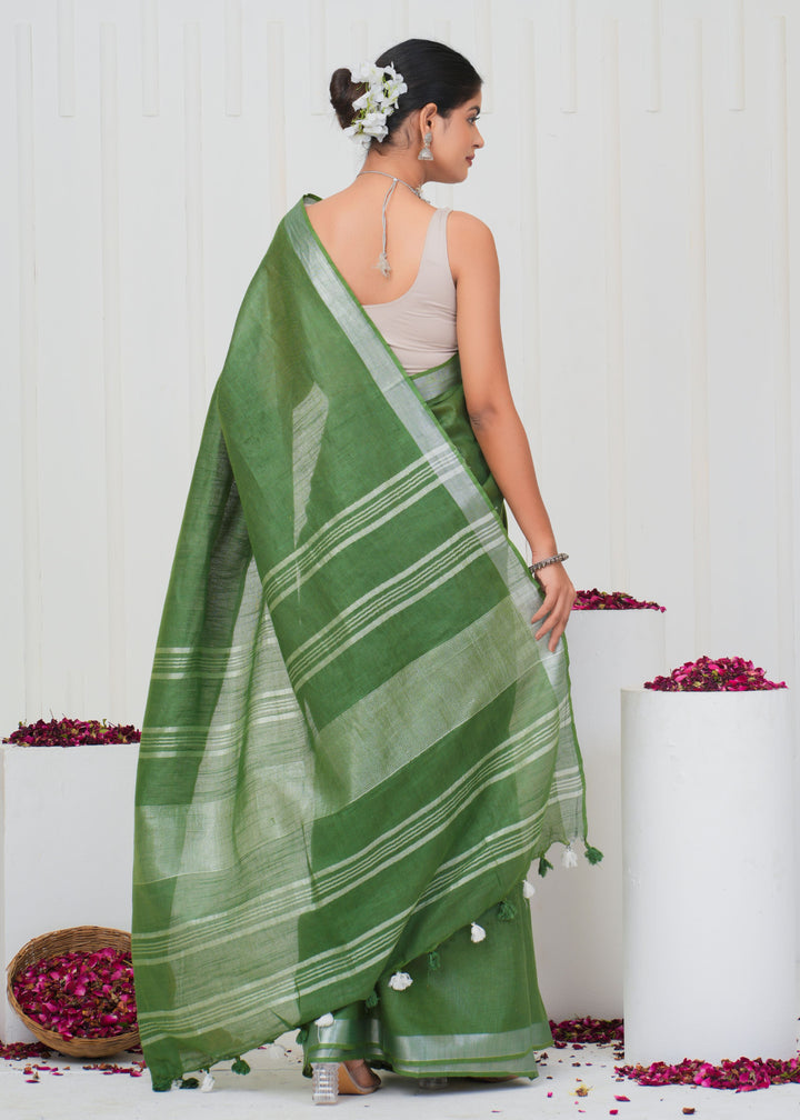 Mehandi Green Linen Saree with Silver Border