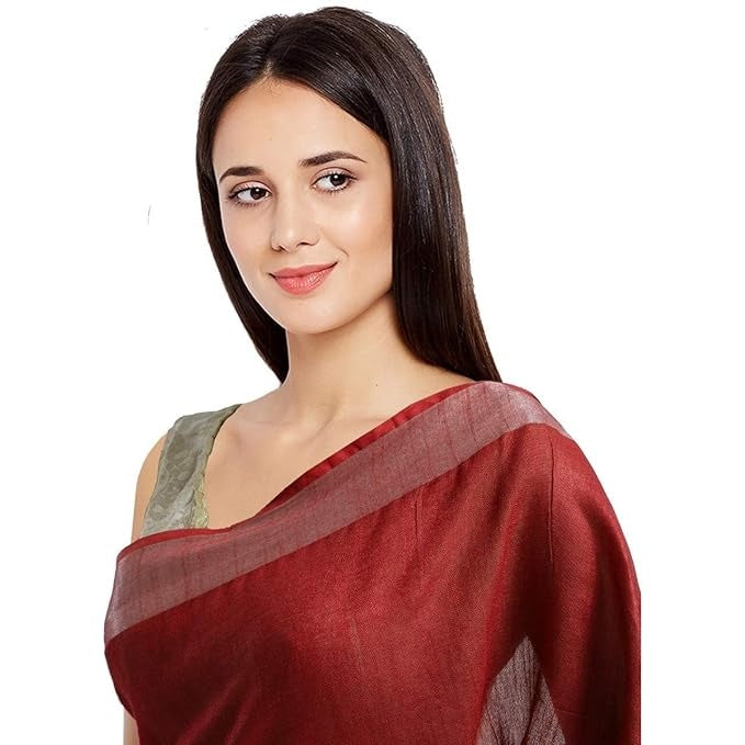 Deep Red Pure Linen Saree with Silver Border