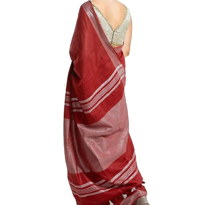 Deep Red Pure Linen Saree with Silver Border