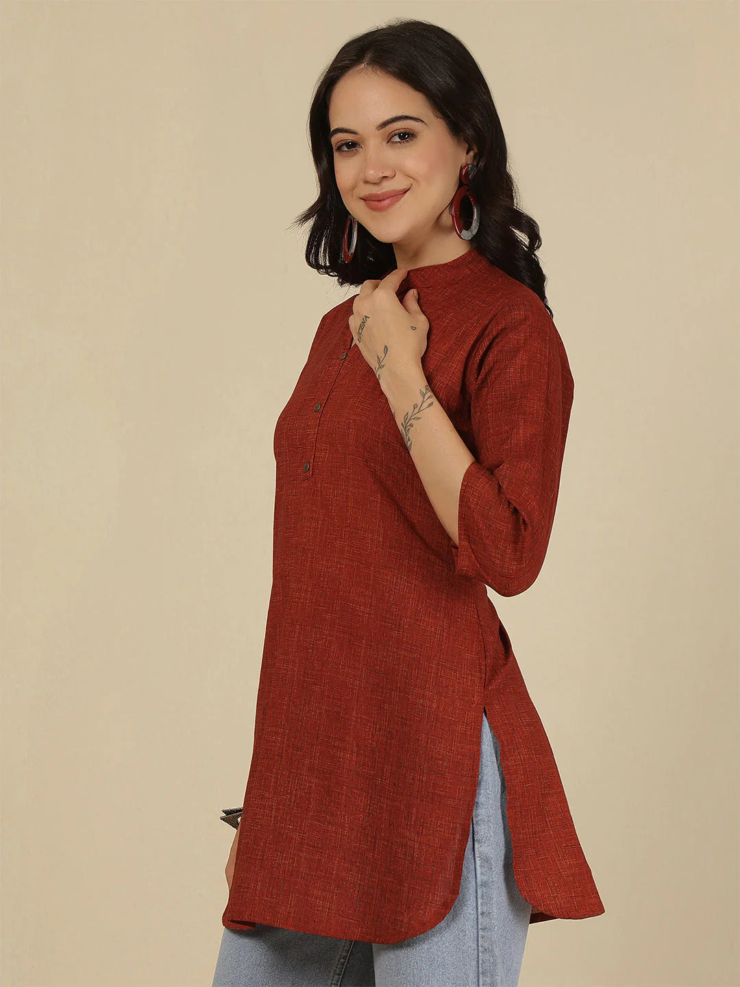 Solid Maroon Pure Cotton  Short Kurti