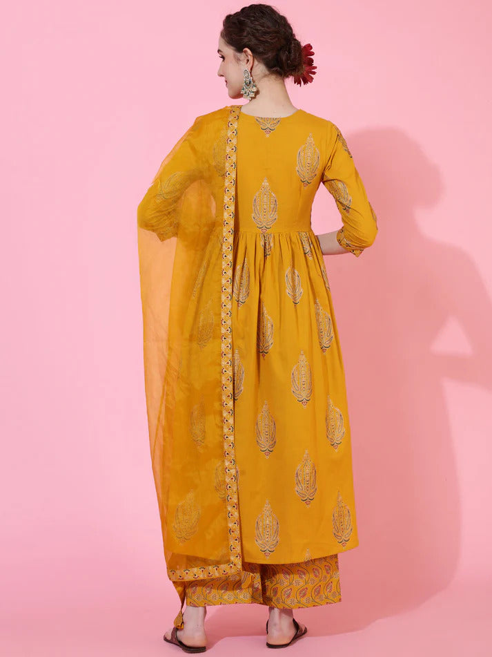 Mustard Rayon Foil Printed Naira Cut Kurti Palazzo Set with Dupatta