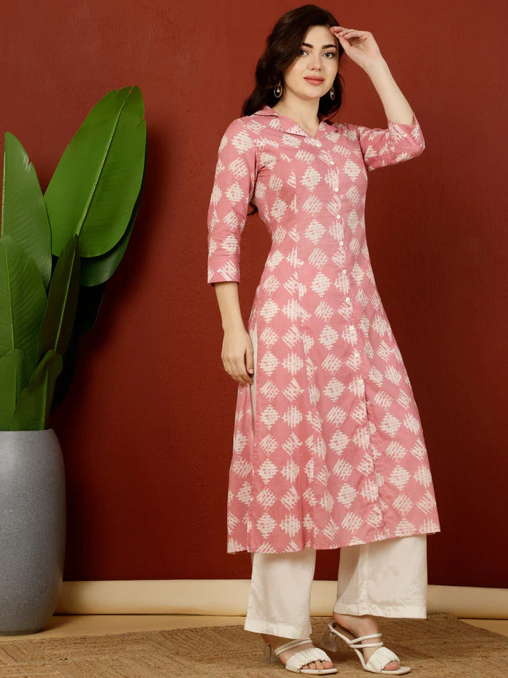 Pink White Cotton Geometric Printed Kurti Top (Top Only)