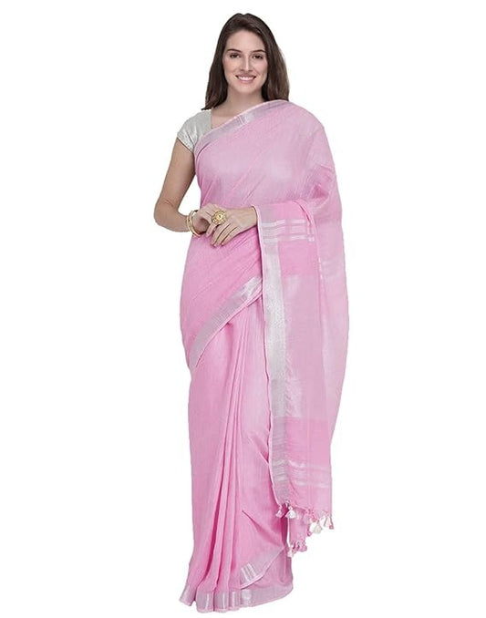 Pink Pure Linen Saree with Silver Border