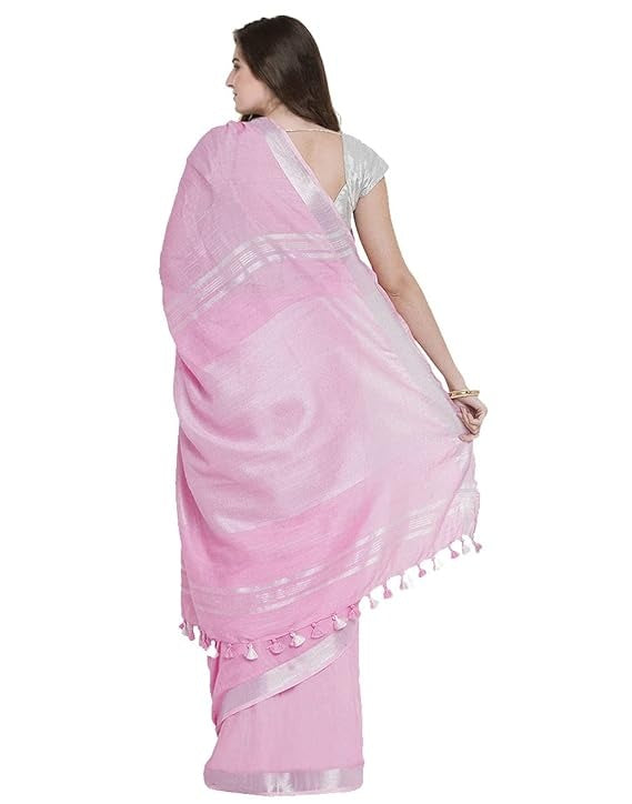 Pink Pure Linen Saree with Silver Border