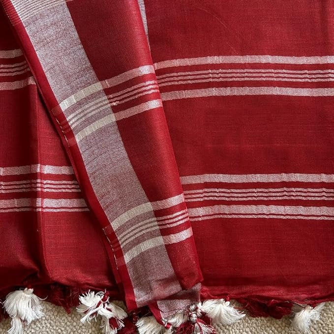 Deep Red Pure Linen Saree with Silver Border