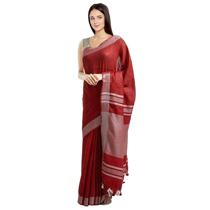 Deep Red Pure Linen Saree with Silver Border