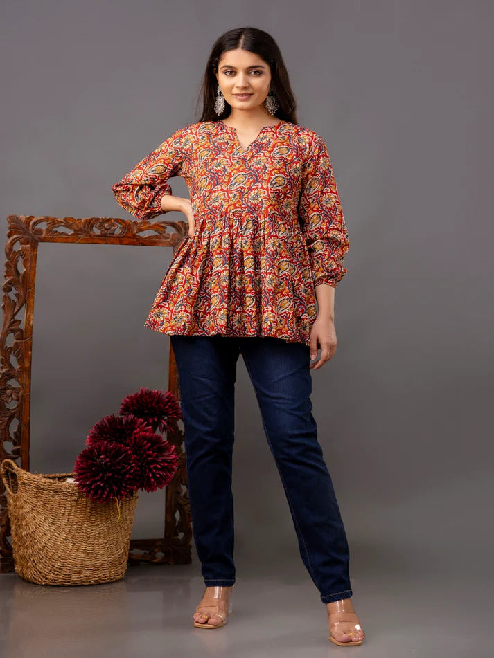 Pure Cotton Maroon Printed Short Kurti Top