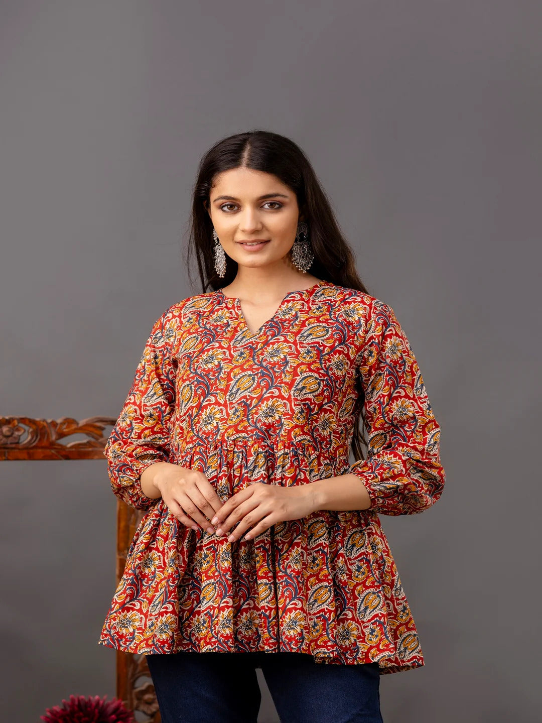 Pure Cotton Maroon Printed Short Kurti Top