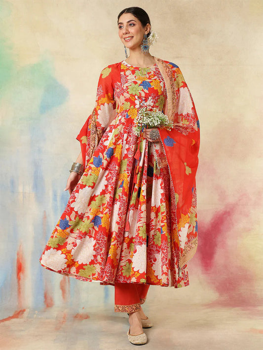Pure cotton floral printed flared kurti palazzo set with dupatta