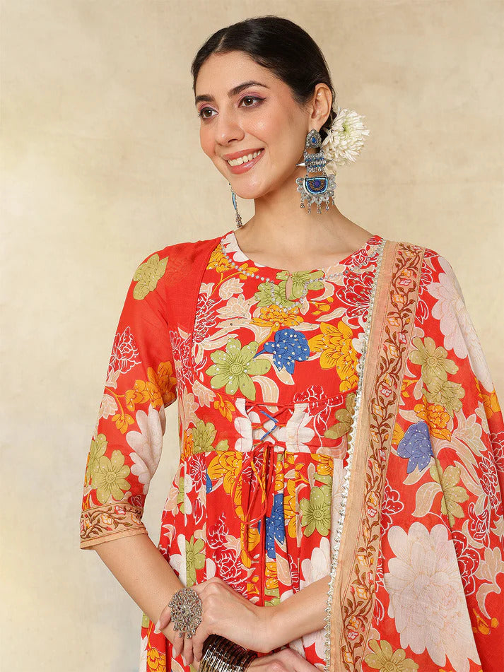Pure cotton floral printed flared kurti palazzo set with dupatta