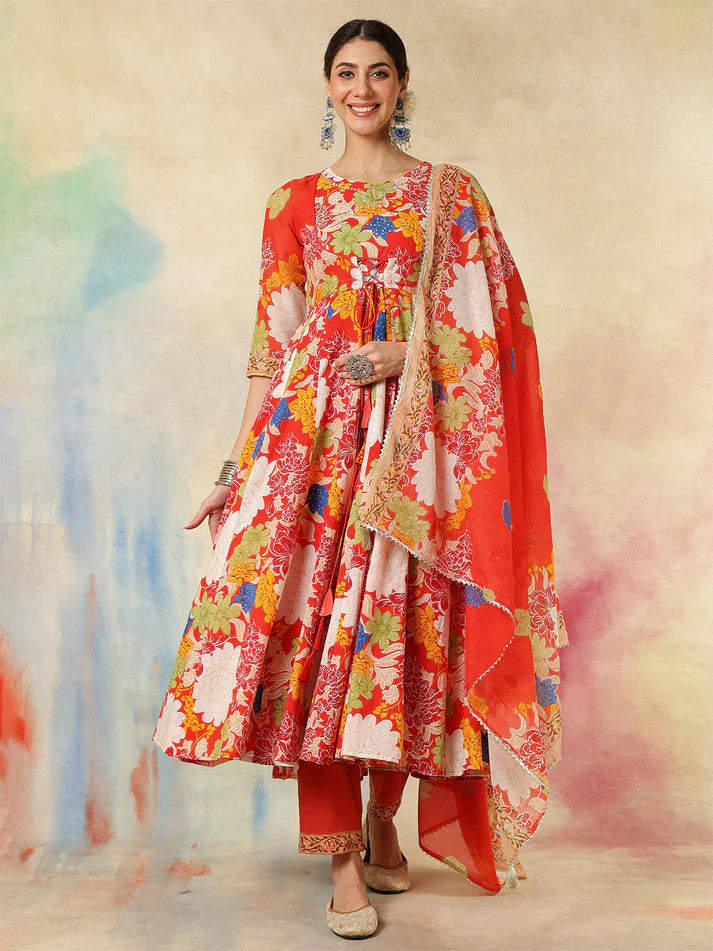 Pure cotton floral printed flared kurti palazzo set with dupatta