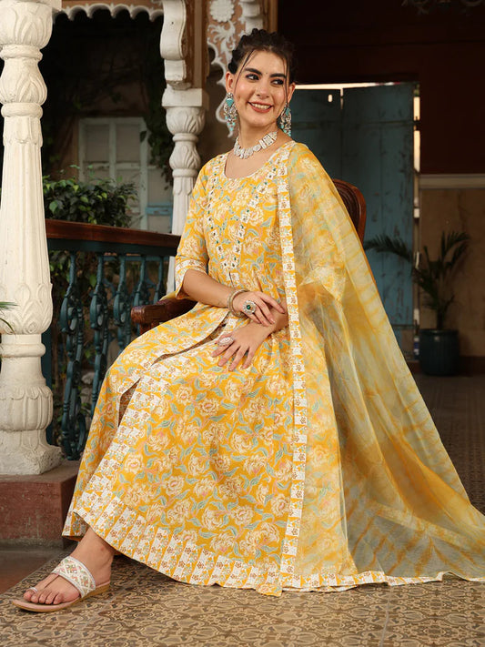 Yellow Pure cotton floral printed flared kurti palazzo set with dupatta