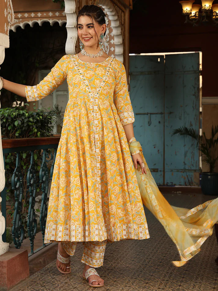 Yellow Pure cotton floral printed flared kurti palazzo set with dupatta