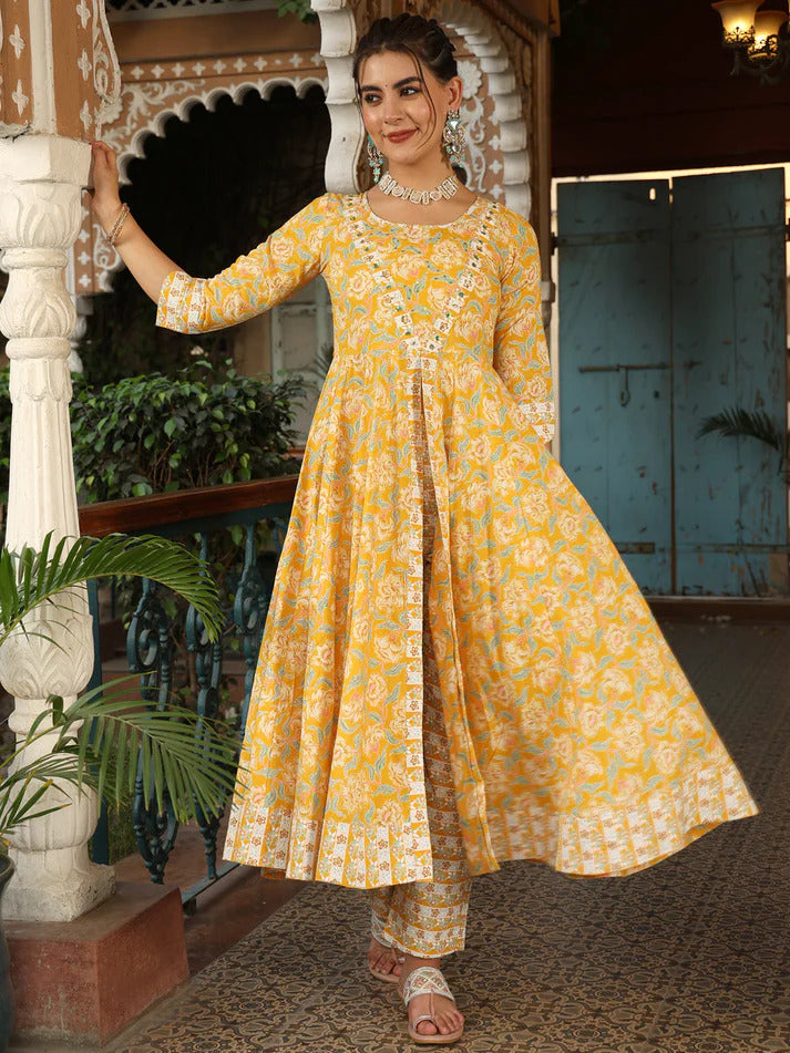 Yellow Pure cotton floral printed flared kurti palazzo set with dupatta