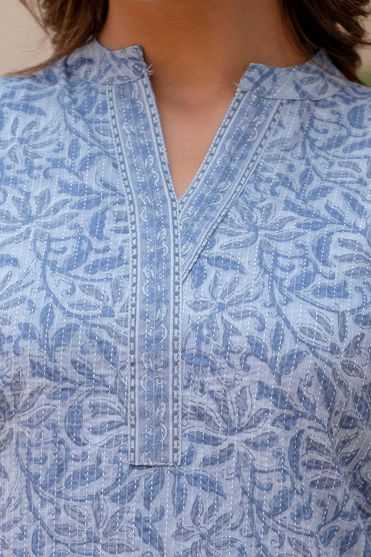Pure Kantha Cotton Light Blue Block Printed Short Kurti Top