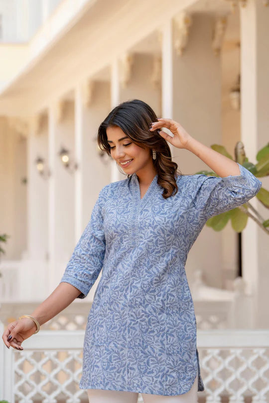 Pure Kantha Cotton Light Blue Block Printed Short Kurti Top