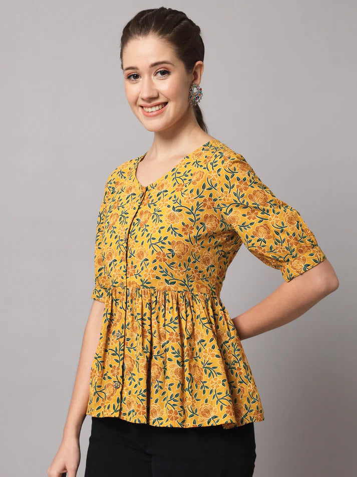 Pure Cotton Mustard Yellow Printed Short Kurti Top